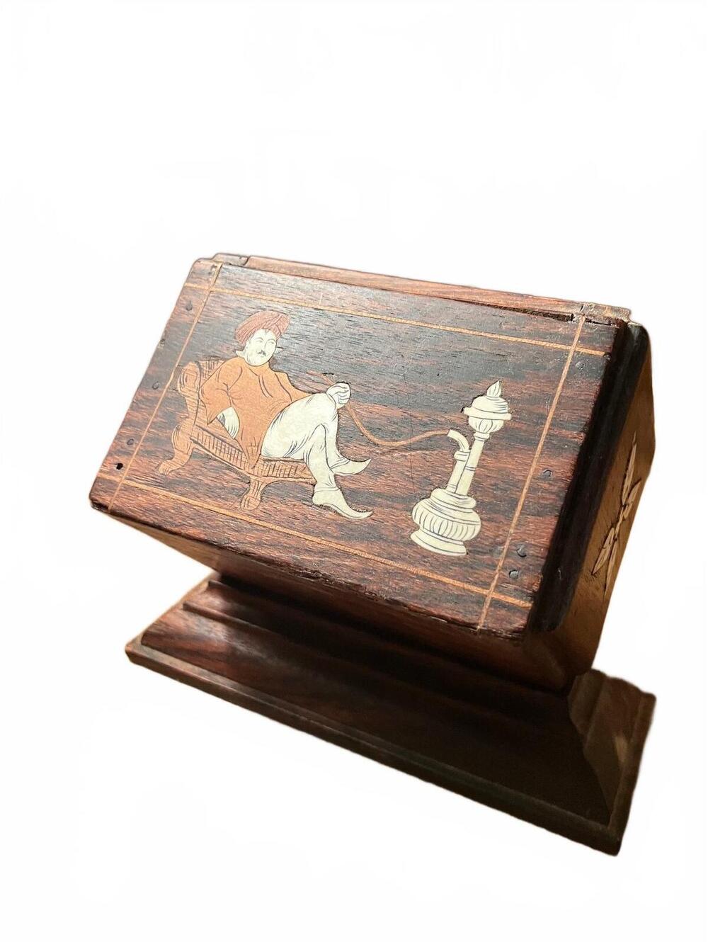 Vintage Antique Wooden Bone Inlaid Cigarette Dispenser with Elephant/ Hookah